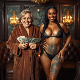 In a luxurious Russian mafia lounge, a short, malnourished 60-year-old white woman with medium blonde hair, blue eyes, and a big smile revealing her gums stands in an extravagant suede bathrobe holding stacks of dollars