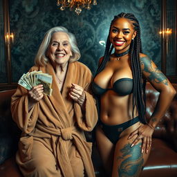 In a luxurious Russian mafia lounge, a short, malnourished 60-year-old white woman with medium blonde hair and blue eyes smiles widely, revealing her gums