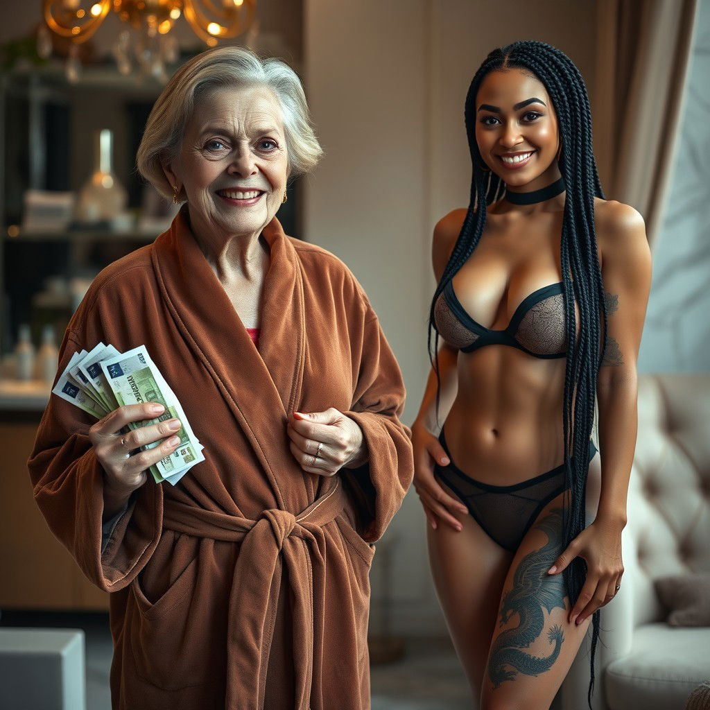 In a luxurious salon, a unique scene featuring a 60-year-old white little person woman, malnourished with medium blonde hair parted, blue eyes gleaming with a smile that showcases her gums