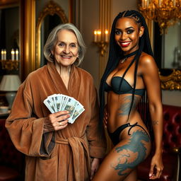 In a luxurious salon, a unique scene featuring a 60-year-old white little person woman, malnourished with medium blonde hair parted, blue eyes gleaming with a smile that showcases her gums