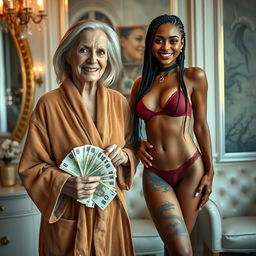 In a luxurious salon, a unique scene featuring a 60-year-old white little person woman, malnourished with medium blonde hair parted, blue eyes gleaming with a smile that showcases her gums