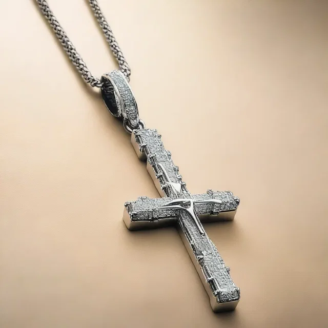The crystallized cross hanging from the necklace symbolizes purity and divinity.