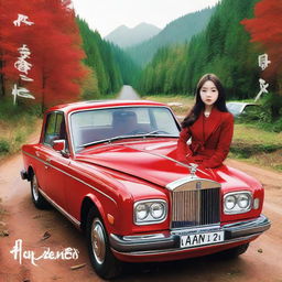 A teenage boy inside a red Rolls Royce car on a forest road, with 'Hazara' written in front. Next to him, there's a beautiful girl. In the background, there are Benz G Class cars.