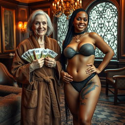 In a luxurious Russian mafia lounge, a short, emaciated 60-year-old white woman with medium blonde hair parted and blue eyes, smiling and showing her gums while holding bundles of euros