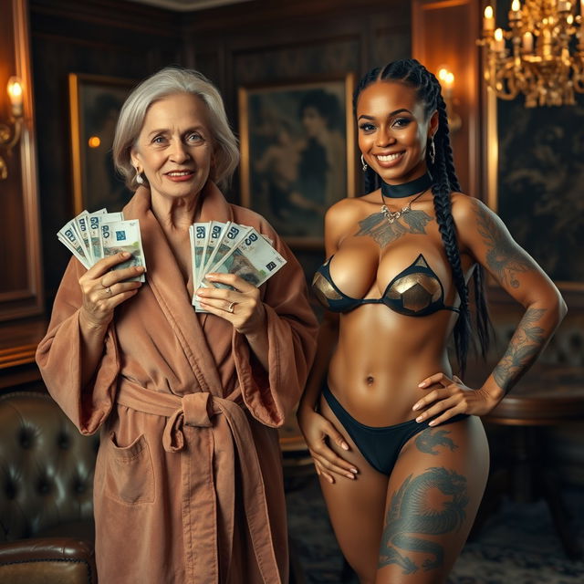 In a luxurious Russian mafia lounge, a short, emaciated 60-year-old white woman with medium blonde hair parted and blue eyes, smiling and showing her gums while holding bundles of euros