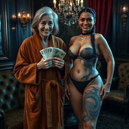 In a luxurious Russian mafia lounge, a short, emaciated 60-year-old white woman with medium blonde hair parted and blue eyes, smiling and showing her gums while holding bundles of euros