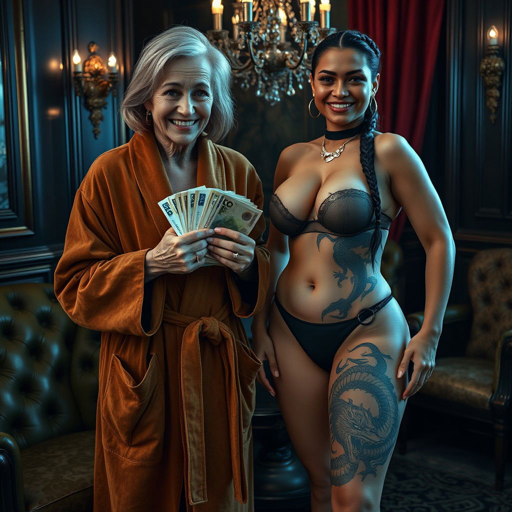 In a luxurious Russian mafia lounge, a short, emaciated 60-year-old white woman with medium blonde hair parted and blue eyes, smiling and showing her gums while holding bundles of euros