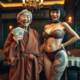In a luxurious Yakuza mafia hall, a tiny, malnourished 90-year-old Chinese woman with short hair beams joyfully, displaying her gums in a wide smile, dressed in a lavish suede bathrobe while holding Japanese banknotes
