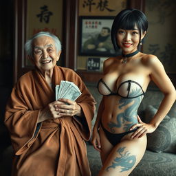 In a lavish Yakuza salon, there is a 90-year-old Chinese woman, tiny and undernourished, with short hair, smiling broadly to show her gums