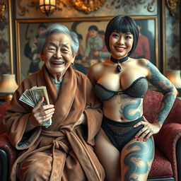 In an opulent Yakuza salon, a 90-year-old Chinese woman, small and undernourished, with short hair, beams with a smile that reveals her gums