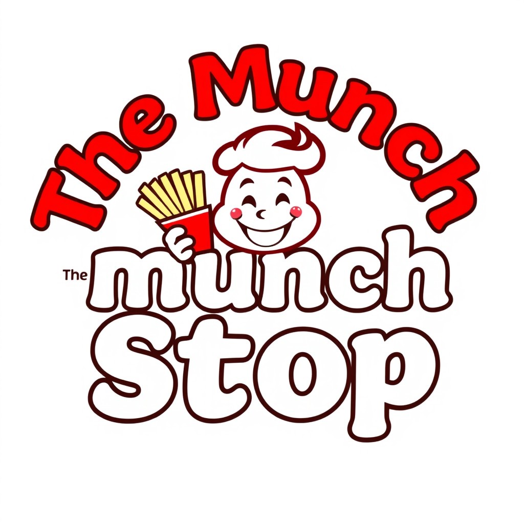 A vibrant and inviting logo design for 'The Munch Stop', featuring bold and playful typography in a color scheme of red, white, and black