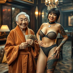 In an extravagant Yakuza-style luxury lounge, a cheerful 90-year-old Chinese woman, very short and undernourished with short hair, beams a big smile showing her gums