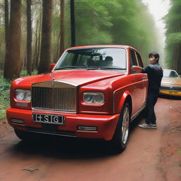 A teenage boy inside a red Rolls Royce car on a forest road, with 'Hazara' written in front. Next to him, there's a beautiful girl. In the background, there are Benz G Class cars.