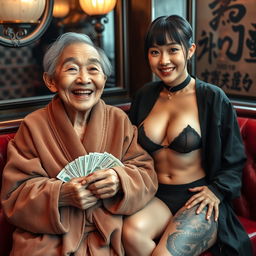 In an opulent Yakuza lounge, a smiling 90-year-old Chinese woman, characterized by her short stature and undernourished frame, shows off a big grin that reveals her prominent gums