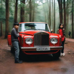 A teenage boy inside a red Rolls Royce car on a forest road, with 'Hazara' written in front. Next to him, there's a beautiful girl. In the background, there are Benz G Class cars.