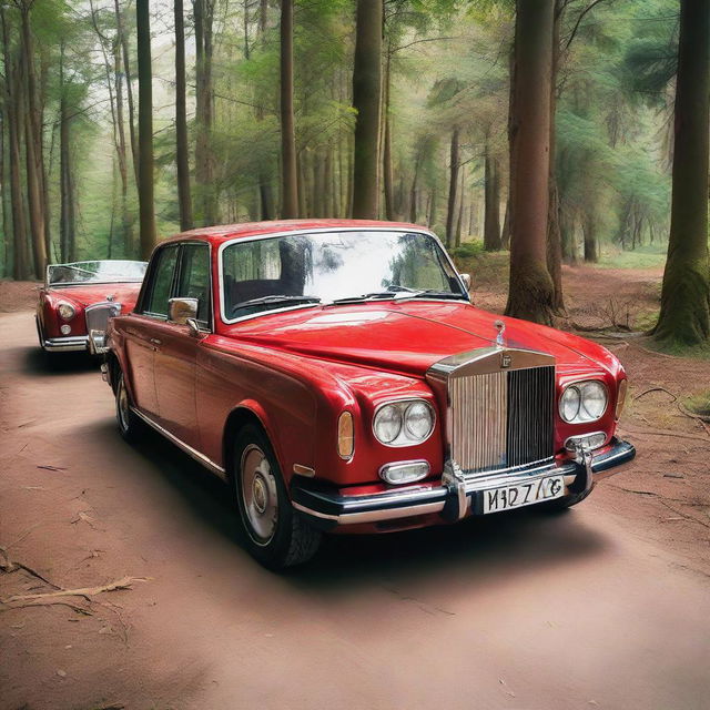 A teenage boy inside a red Rolls Royce car on a forest road, with 'Hazara' written in front. Next to him, there's a beautiful girl. In the background, there are Benz G Class cars.