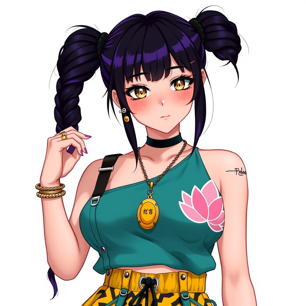 An anime adult woman with striking black hair accented with dark purple highlights, styled into twin braided buns complemented by micro-bangs and fringe locks