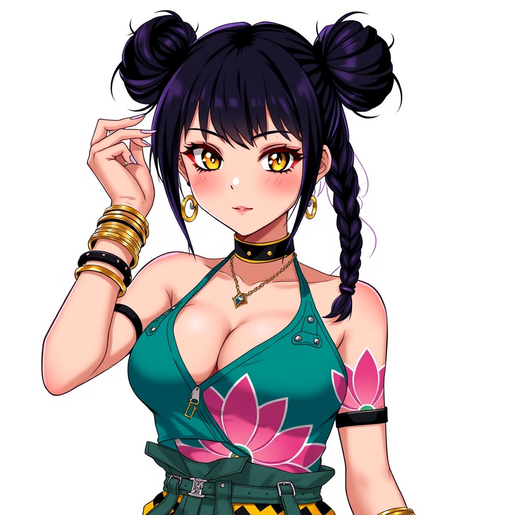 An anime adult woman with striking black hair featuring dark purple highlights, elegantly styled into twin braided buns adorned with micro-bangs and fringe locks