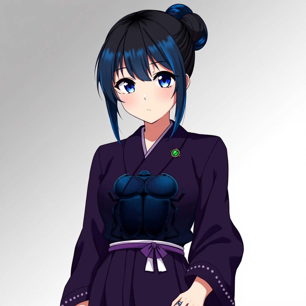 An anime adult woman with striking black hair featuring blue highlighted tips, elegantly styled in a "yakai-maki" bun and secured with a decorative beetle-shaped pin