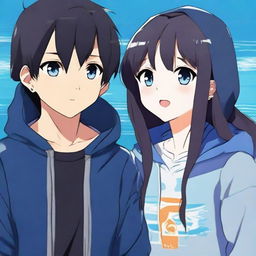 An anime-style image of a black-haired boy in a navy blue hoodie conversing with a brunette girl wearing an ocean-themed hoodie.