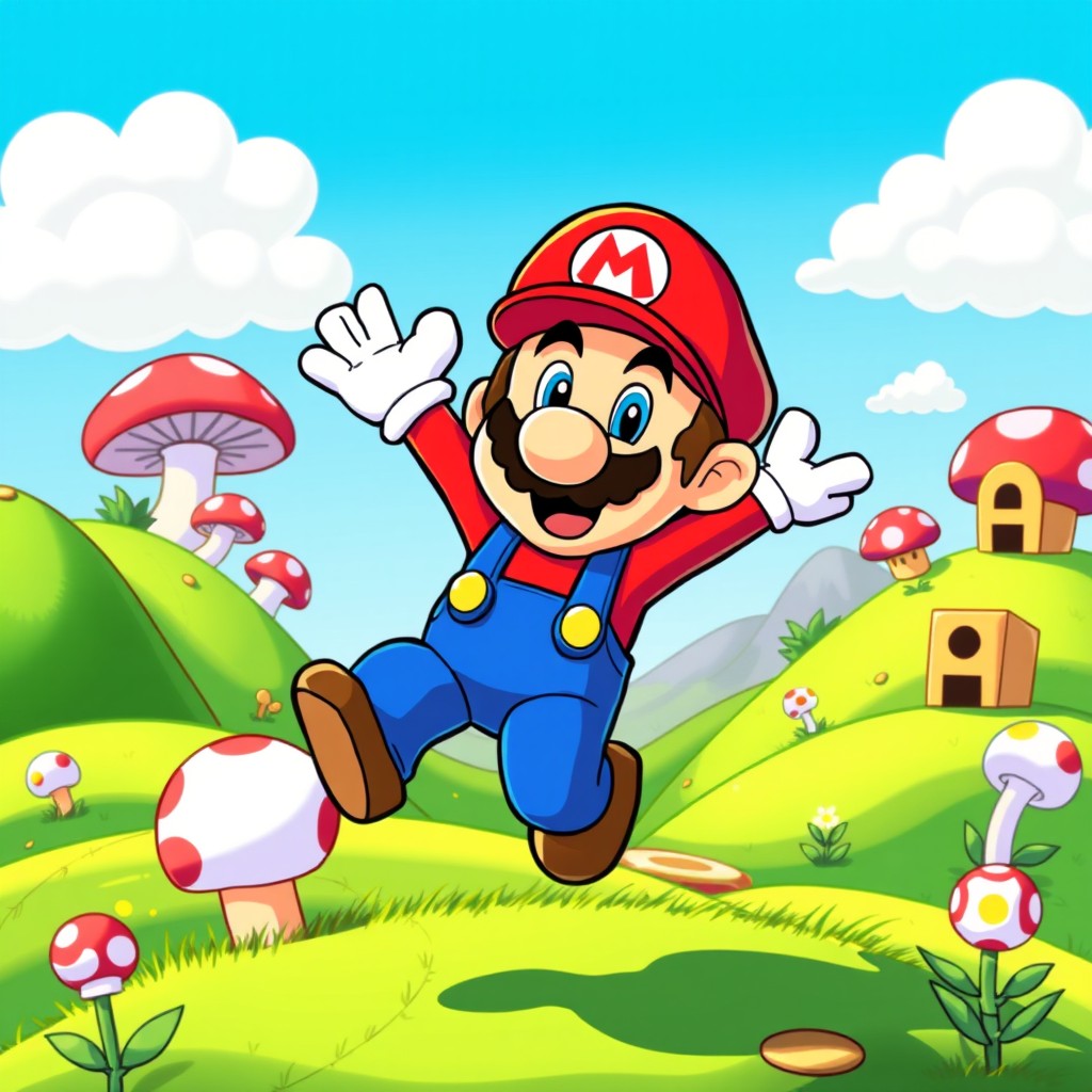 Joyful Mario in a Whimsical Mushroom Kingdom | Idyllic AI Art