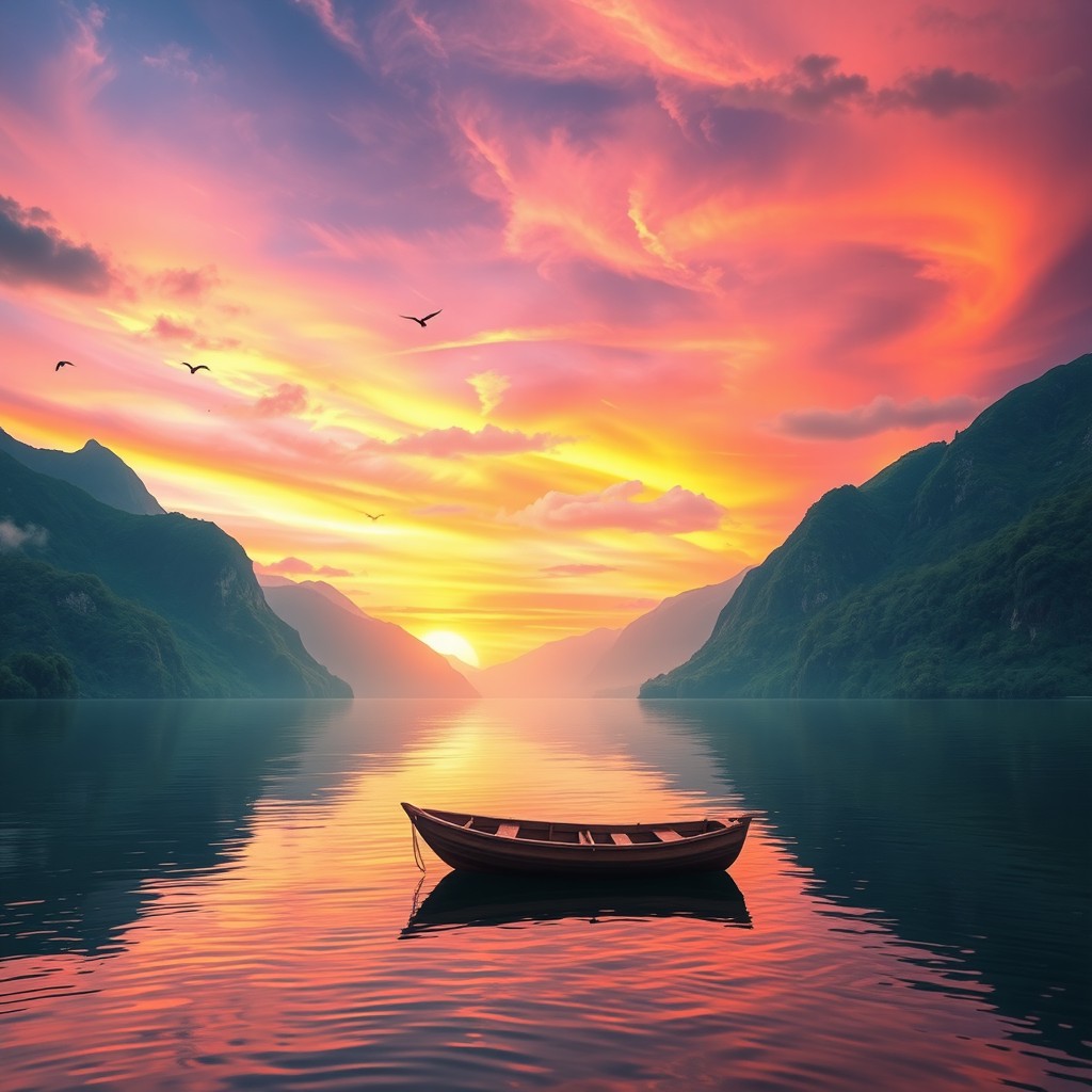 A stunning landscape showcasing the serene beauty of a sunset over a tranquil lake, surrounded by lush green mountains