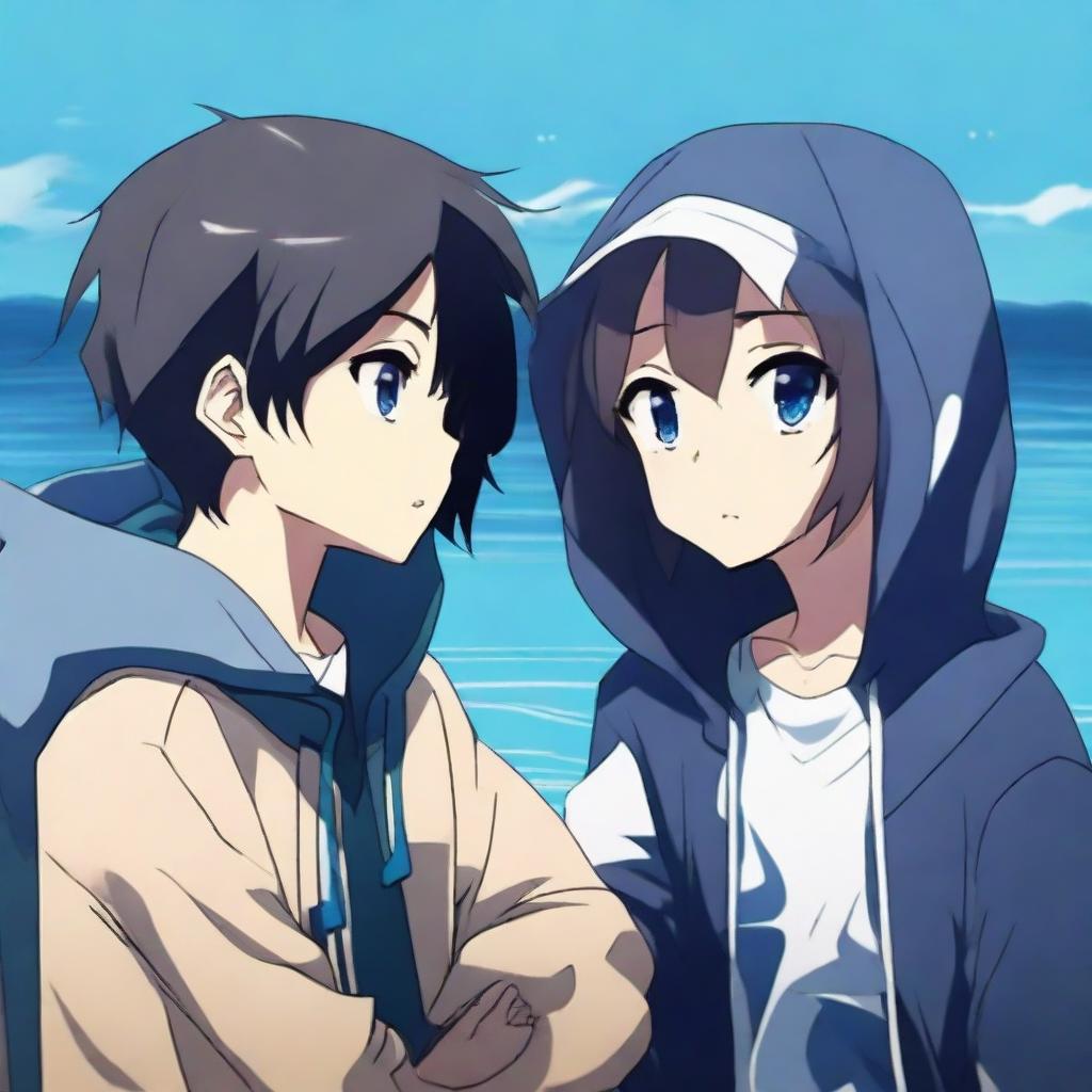 An anime-style image of a black-haired boy in a navy blue hoodie conversing with a brunette girl wearing an ocean-themed hoodie.