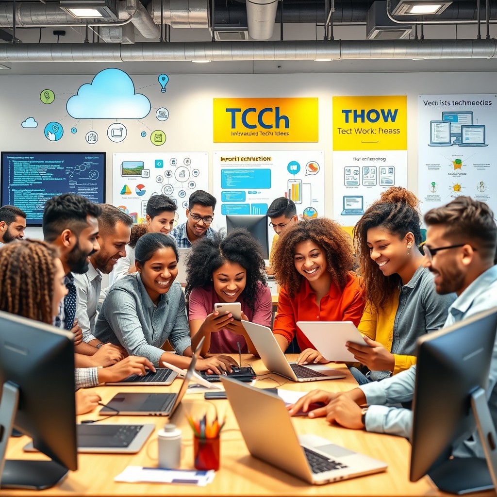 A vibrant and engaging scene depicting a diverse group of people sharing ideas around technology, specifically focusing on Information and Communications Technology (ICT) and web development