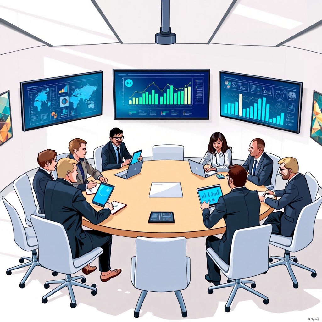 A professional and detailed illustration of an ICT committee meeting in a modern conference room