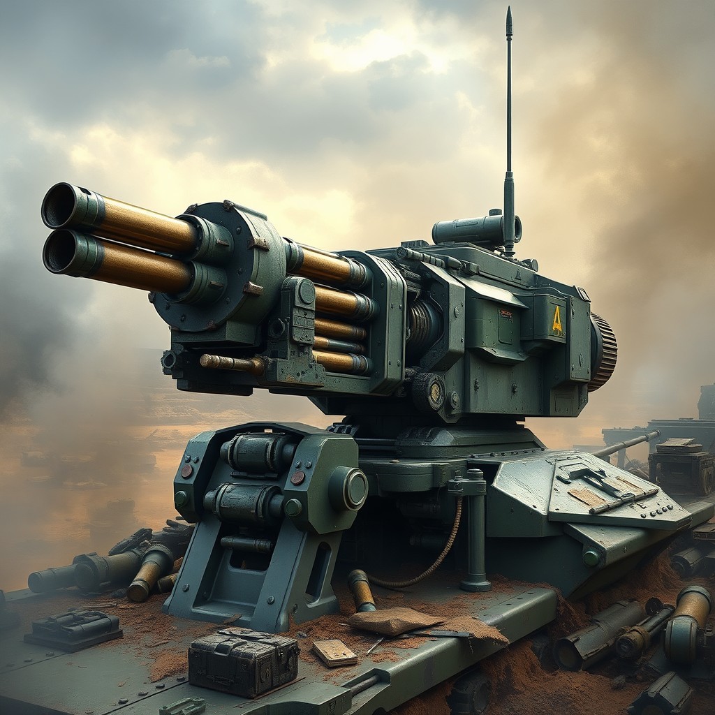 A detailed and realistic depiction of a turret gun, showcasing its mechanical design and structure