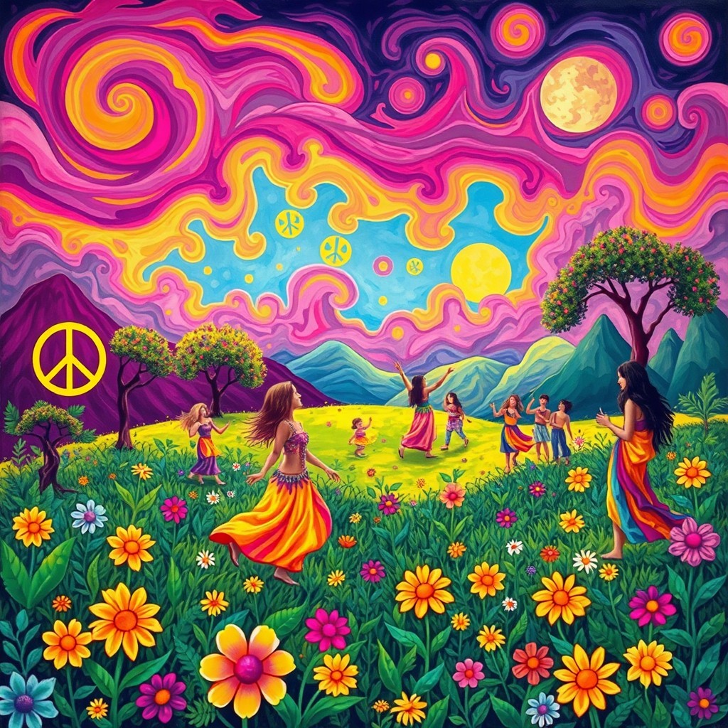 A vibrant and colorful hippy art scene featuring a serene outdoor landscape filled with lush greenery, peace signs, and flowers