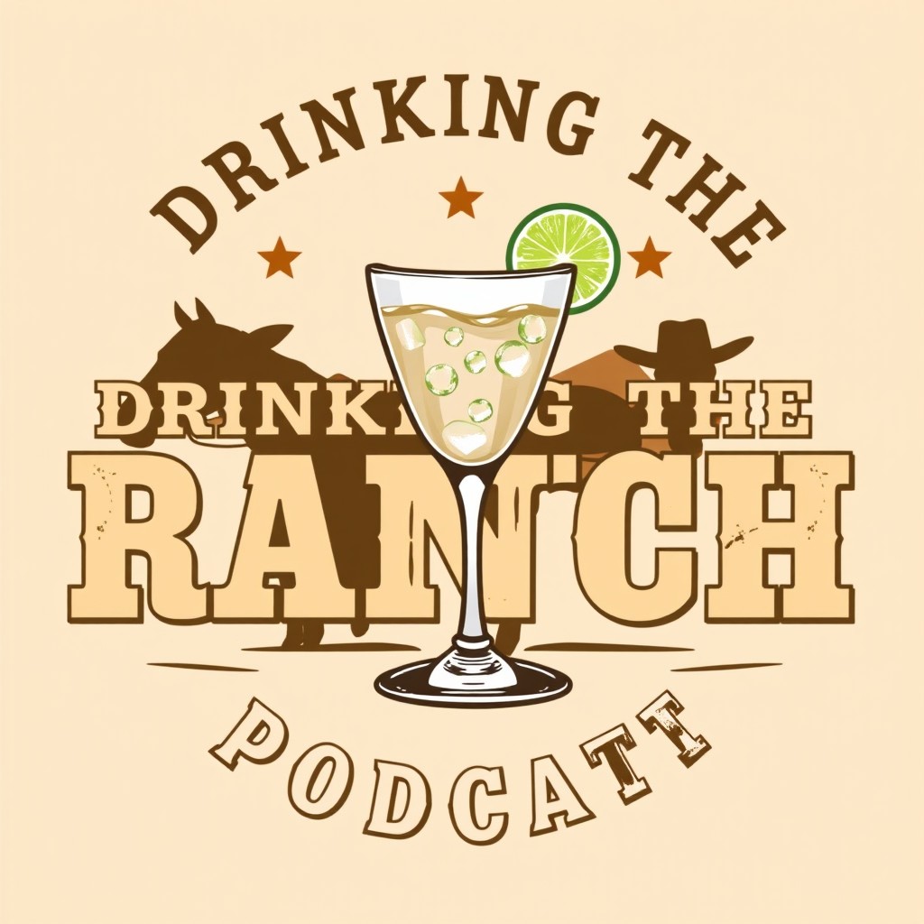 A visually appealing Western-themed logo for a podcast titled 'Drinking the Ranch Water'