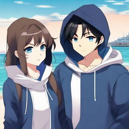 An anime-style image of a black-haired boy in a navy blue hoodie conversing with a brunette girl wearing an ocean-themed hoodie.