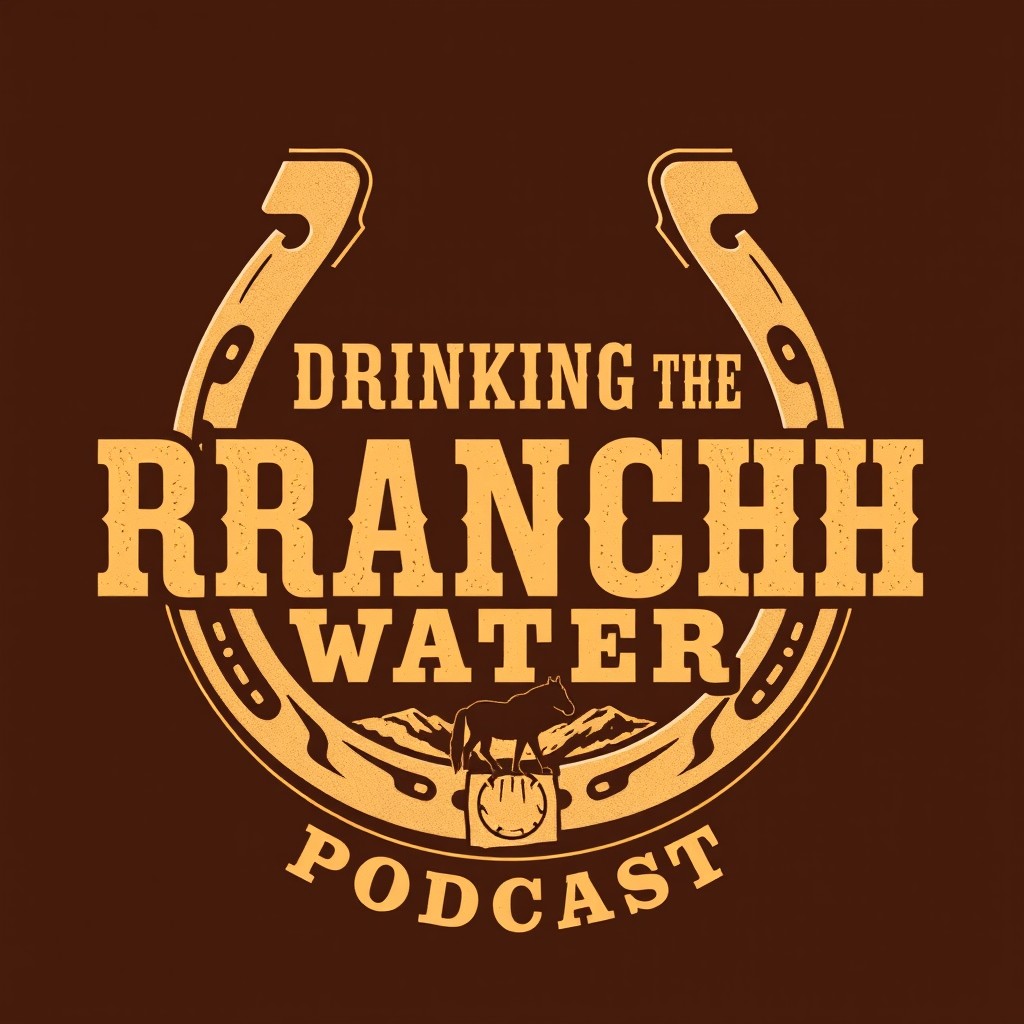 A visually striking logo for a podcast titled 'Drinking the Ranch Water' with a Western theme