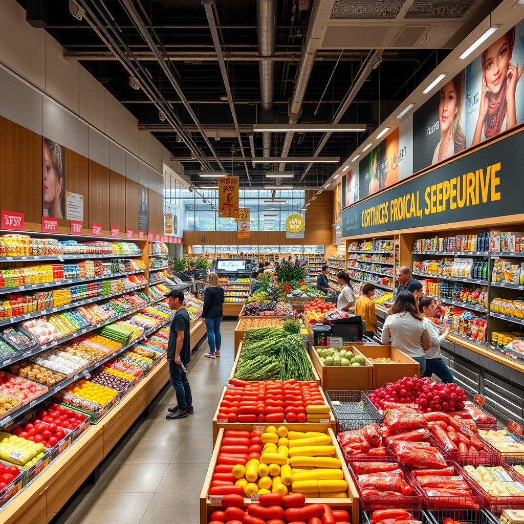 A modern grocery store interior filled with a wide variety of fresh produce, neatly arranged aisles of colorful packaged goods, and vibrant signage