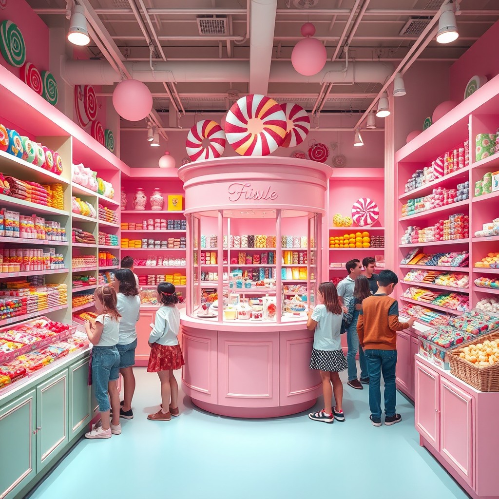 A modern candy store interior featuring a pink kiosk as the focal point, surrounded by colorful shelves filled with a variety of candies, chocolates, and sweets