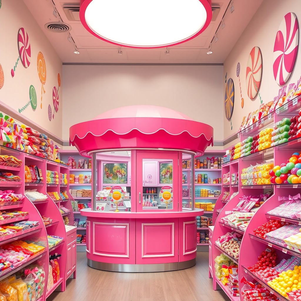 A modern candy store interior featuring a vibrant pink kiosk with a stylish awning, surrounded by shelves brimming with an array of colorful candies and treats