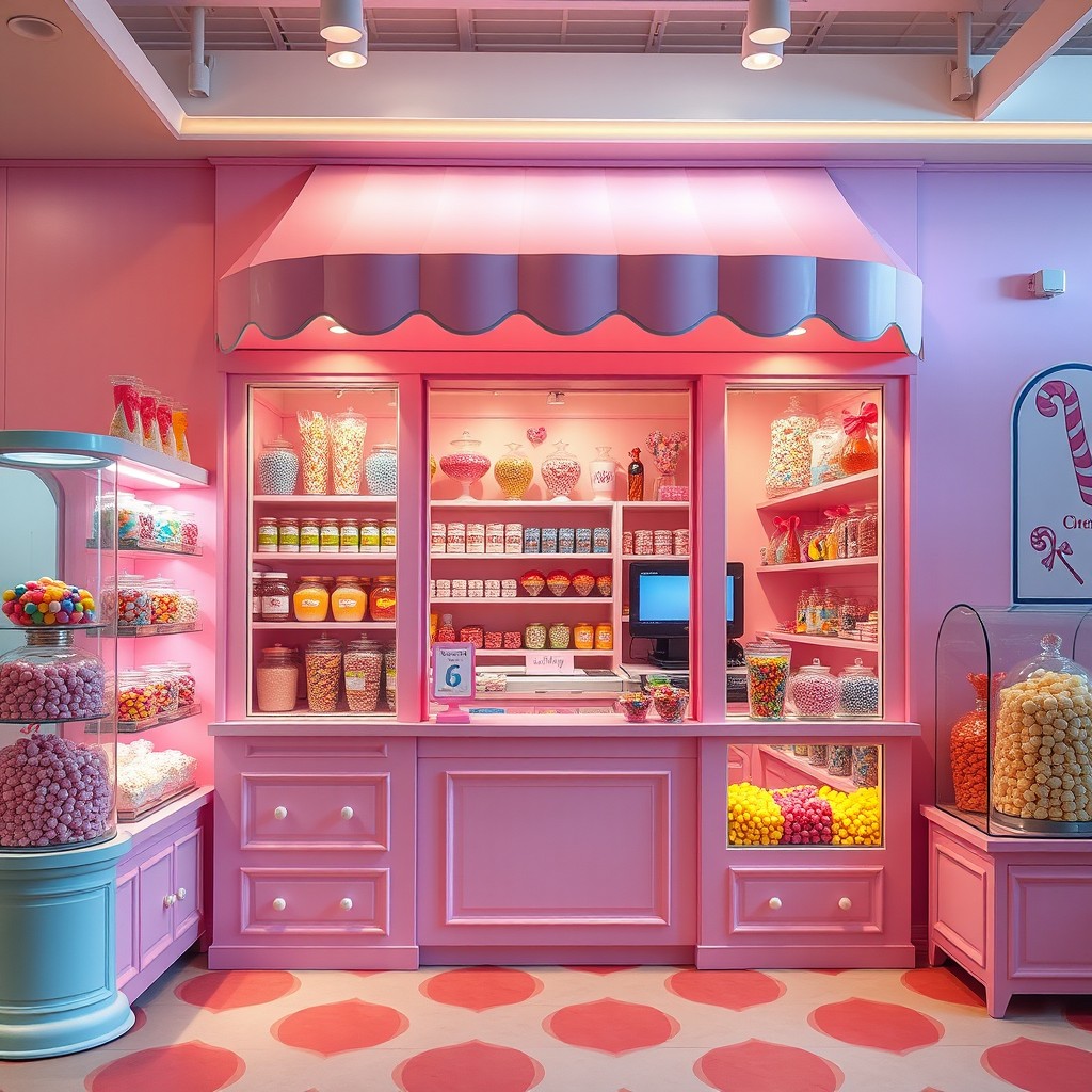 A modern candy store featuring a whimsical pink pastel kiosk with a charming awning