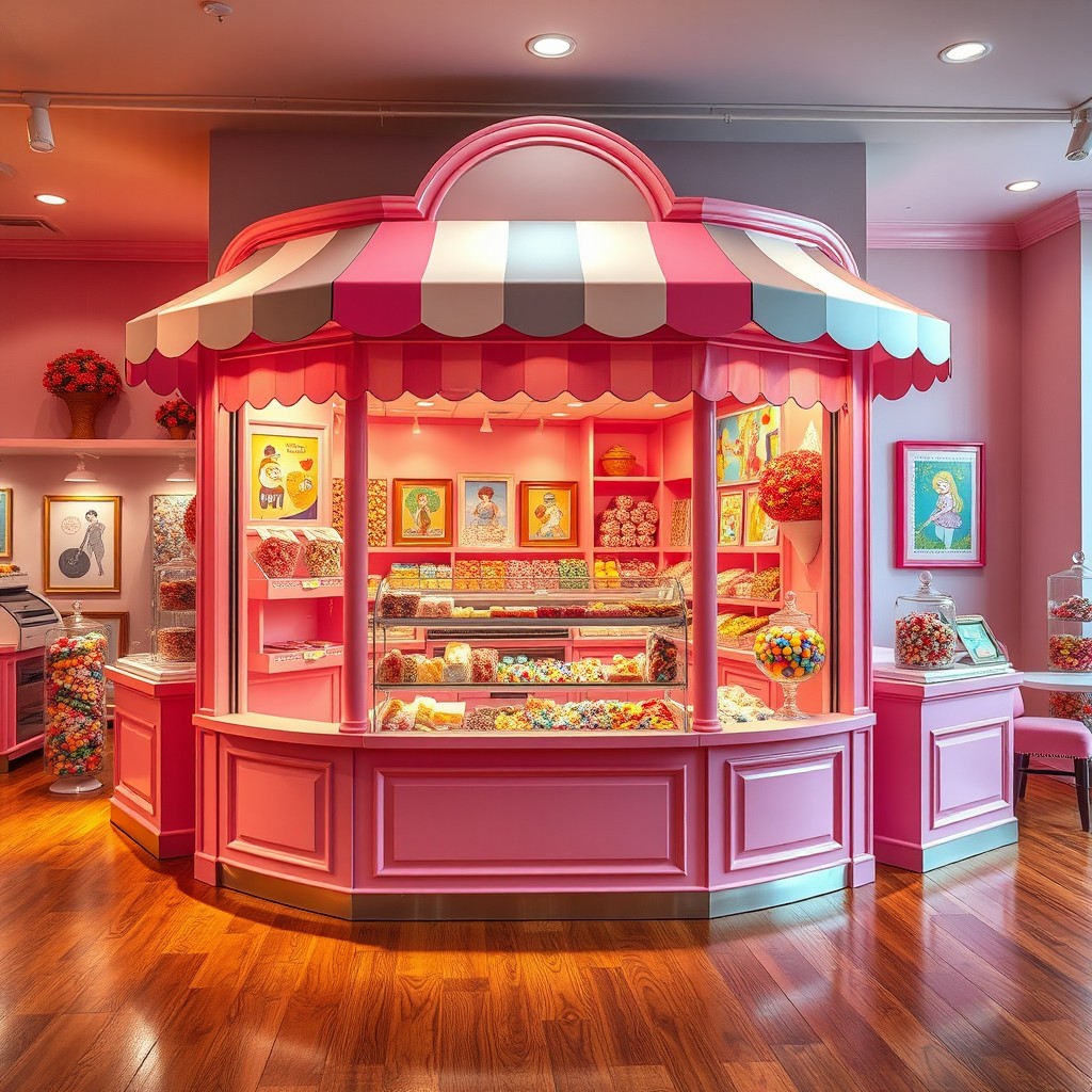 A modern candy store featuring a delightful pink pastel kiosk with a stylish awning