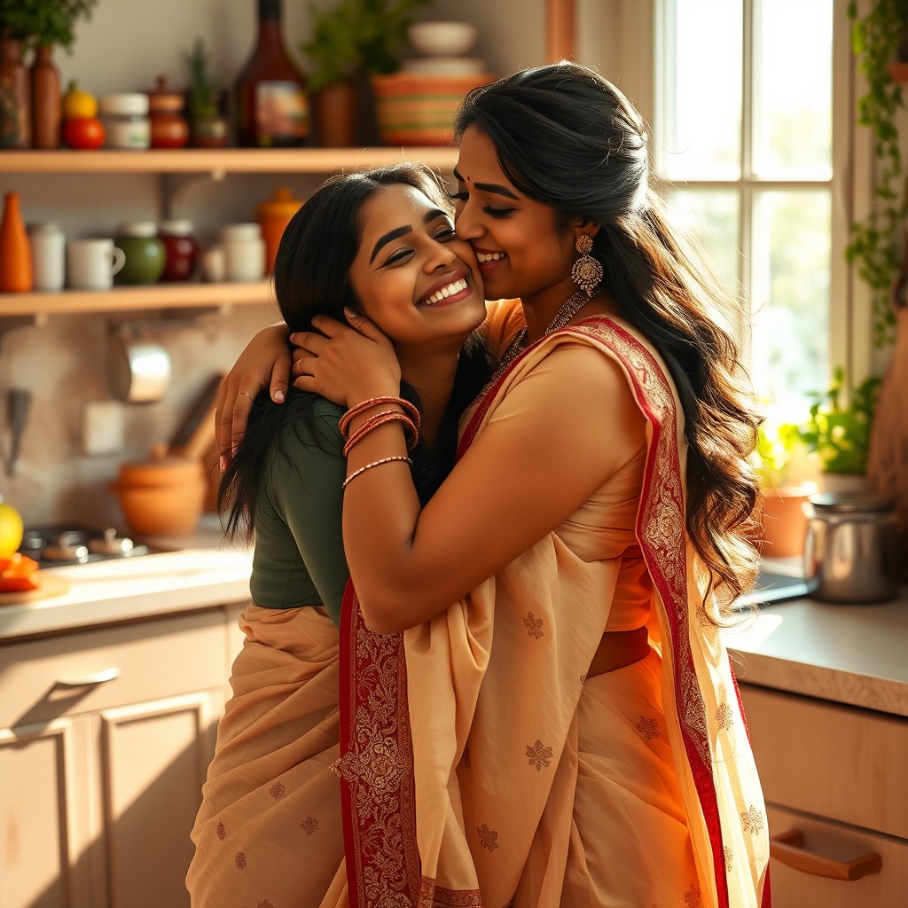 A beautiful Indian woman, elegantly dressed in traditional attire, is joyfully hugging and kissing a loved one in a cozy, warmly lit kitchen