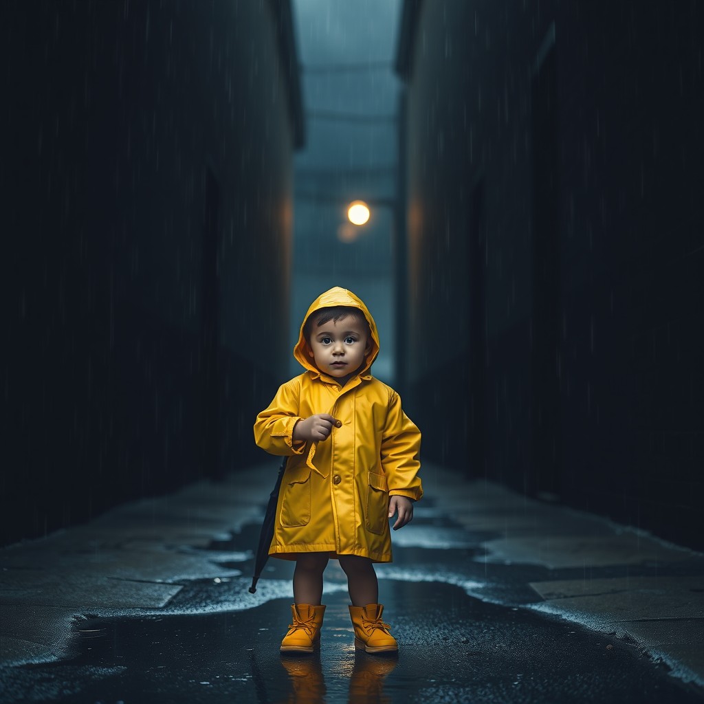 A young child standing under pouring rain in a dark alley, with the silhouettes of brick walls around and puddles on the ground reflecting faint light