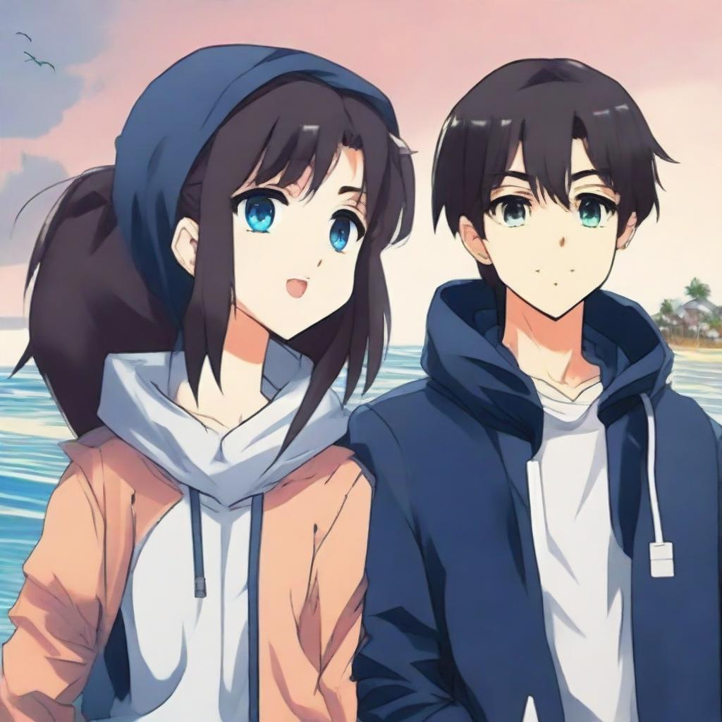 An anime-style image of a black-haired boy in a navy blue hoodie conversing with a brunette girl wearing an ocean-themed hoodie.