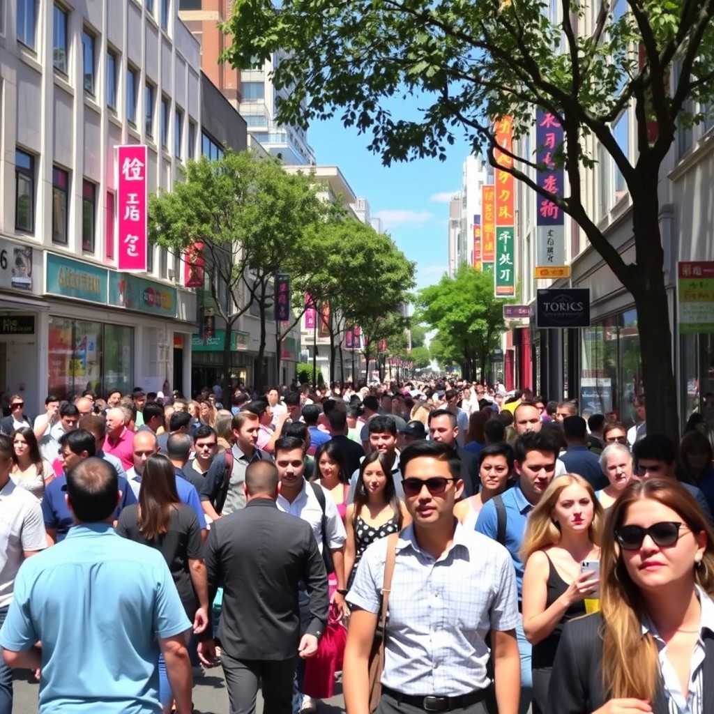 A bustling city street filled with a diverse crowd of people, some in casual clothes and others in business attire, all engaged in various activities like talking, walking, and taking photos