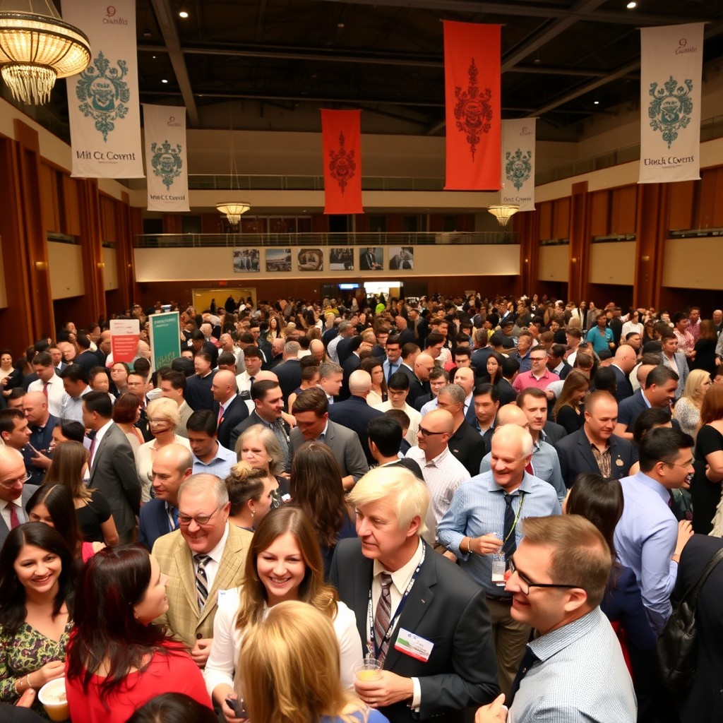 An indoor space filled with a large crowd of people gathered in a hall, showcasing a variety of individuals engaged in different activities like chatting, networking, and enjoying refreshments