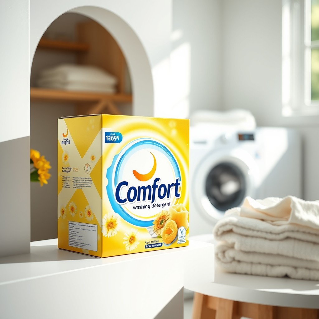 A vibrant and inviting image of a box of Comfort washing powder detergent, prominently displayed on a clean, tidy laundry room shelf