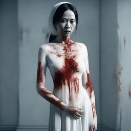 A 3D realistic depiction of an eerie Indonesian woman, adorned in a lengthy white dress. Her face is etched with blood and signs of a distressing accident.