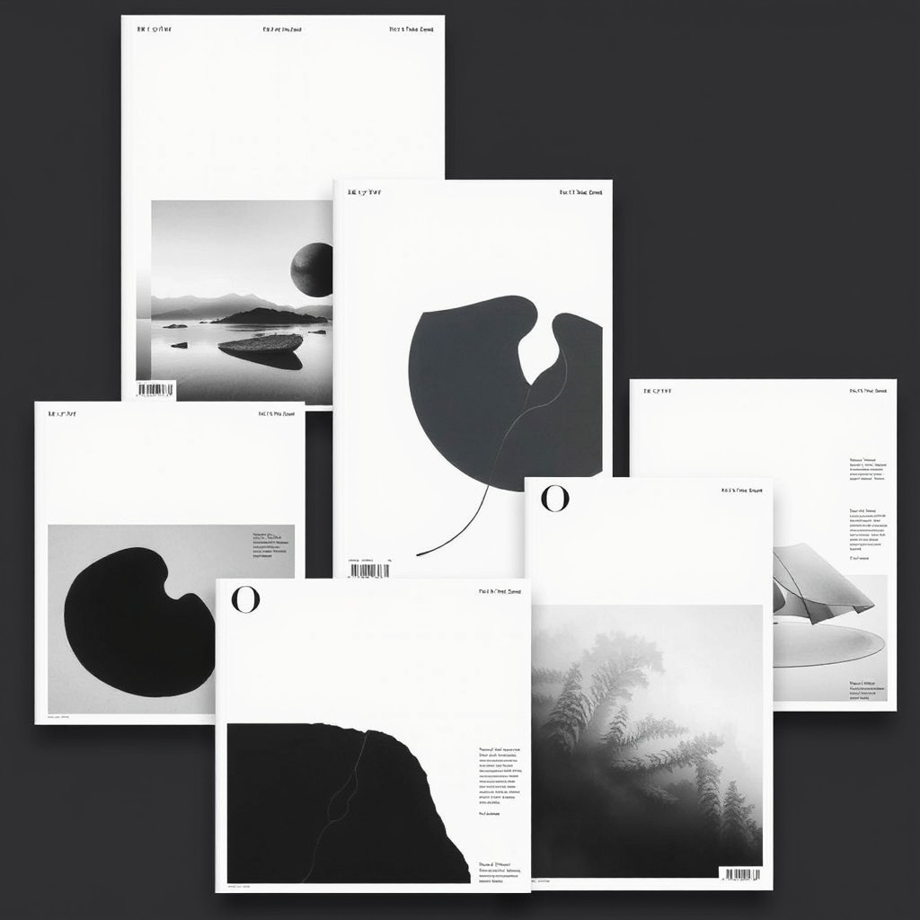 A collection of minimalist magazine covers characterized by a sleek and modern design