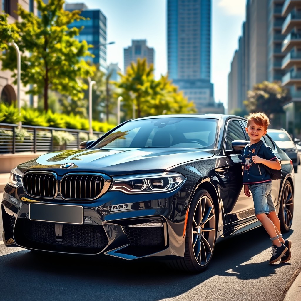 A sleek black BMW M5 parked on a sunny street, showcasing its sporty design and aerodynamic lines