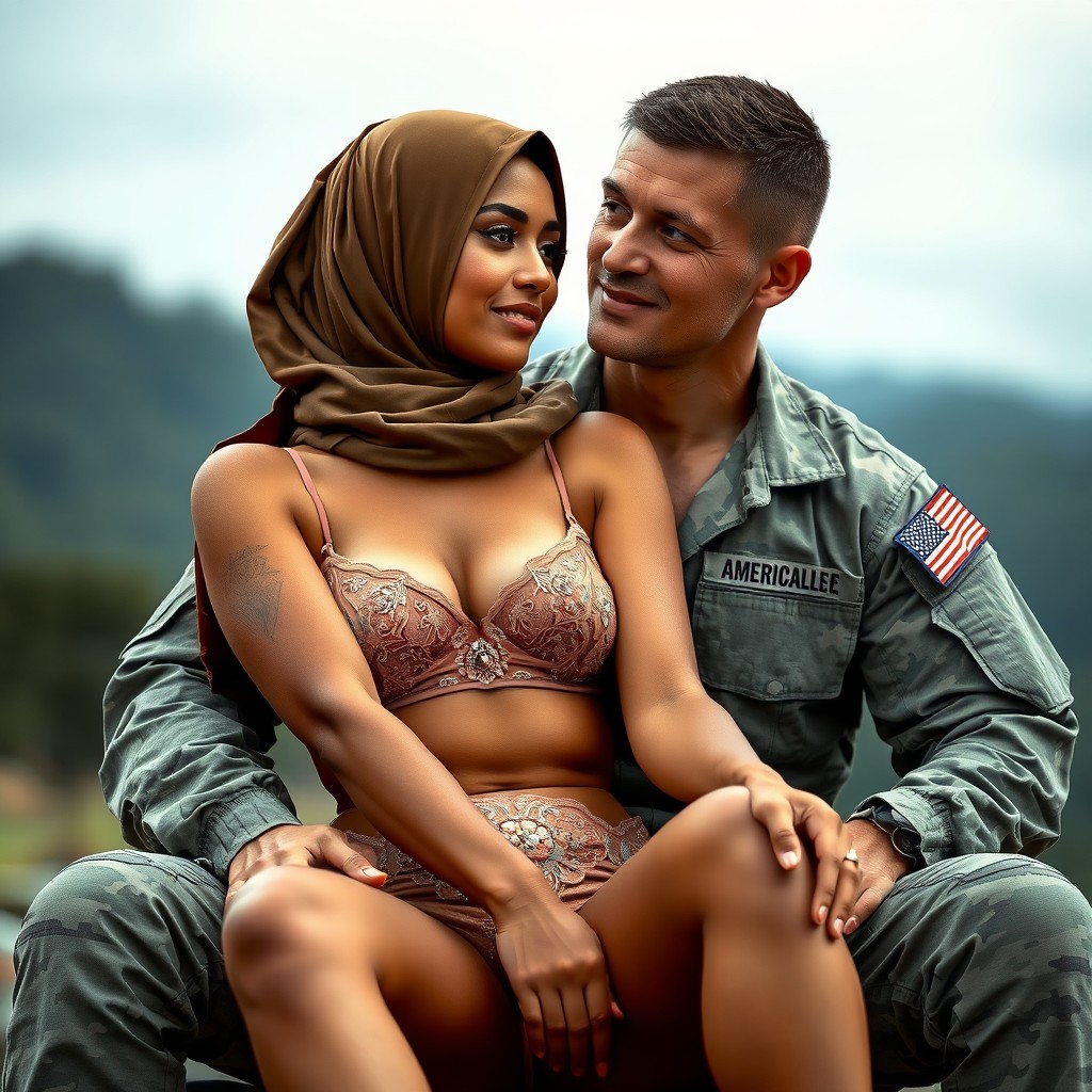 A beautiful woman wearing a headscarf, sitting gracefully on the lap of a strong American soldier