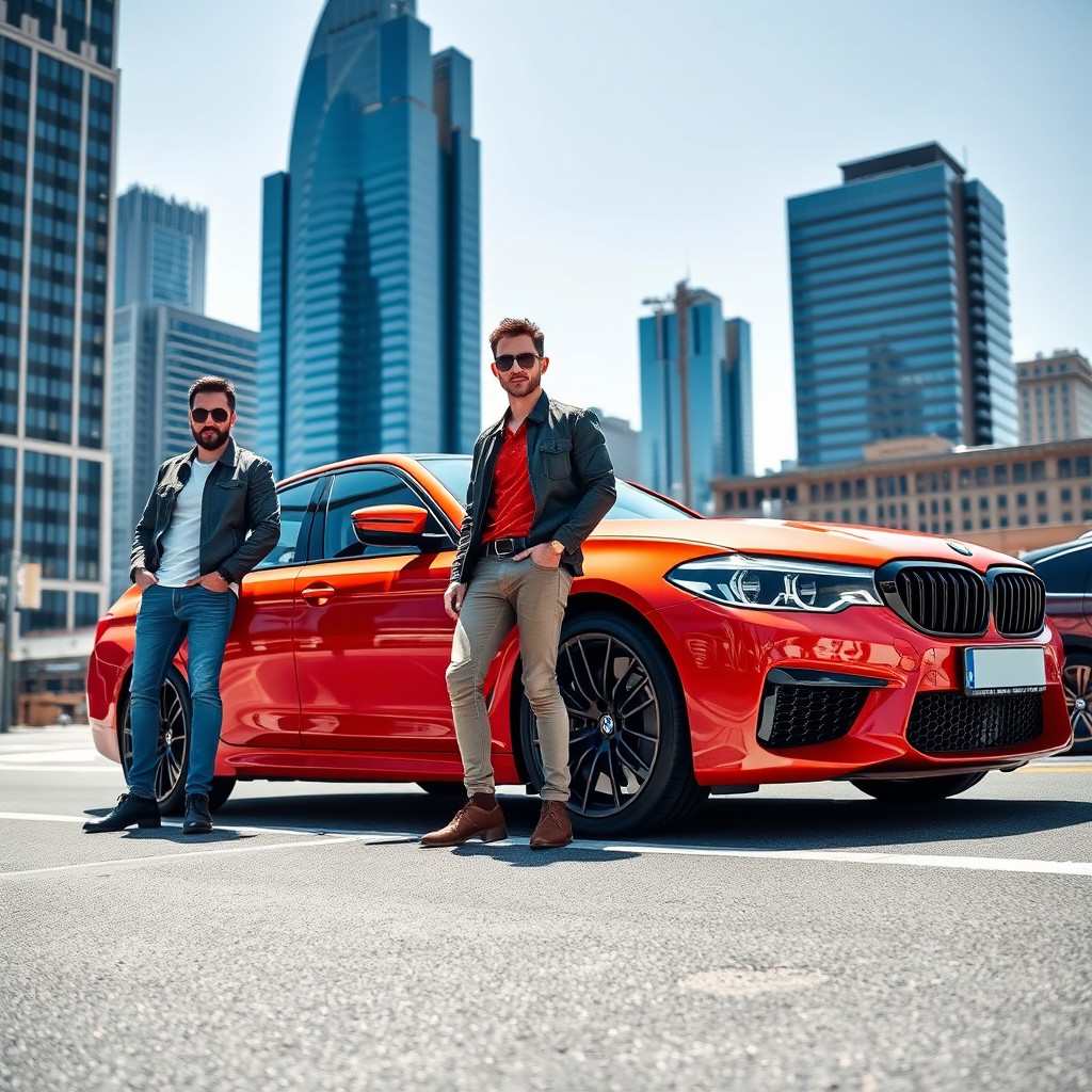 A stunning photo of a BMW M5 parked on the street with a confident man standing beside it, showcasing a sleek urban environment